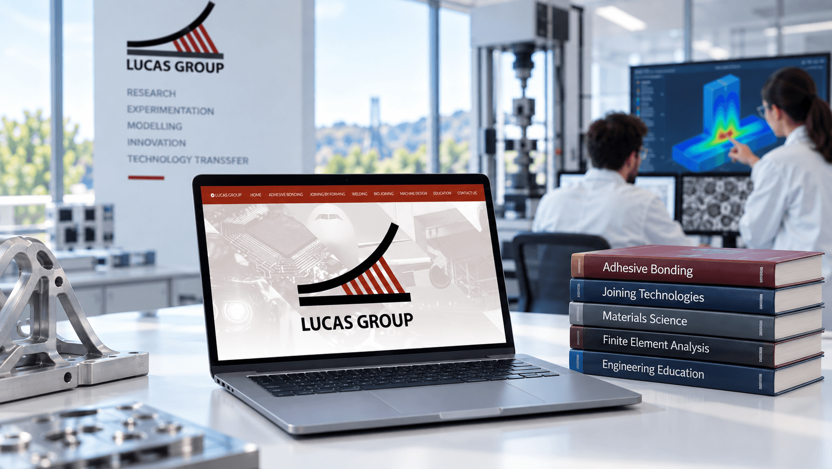 Engineering research lab with FEA stress analysis on screen, engineering textbooks, and a laptop displaying the Lucas Group platform